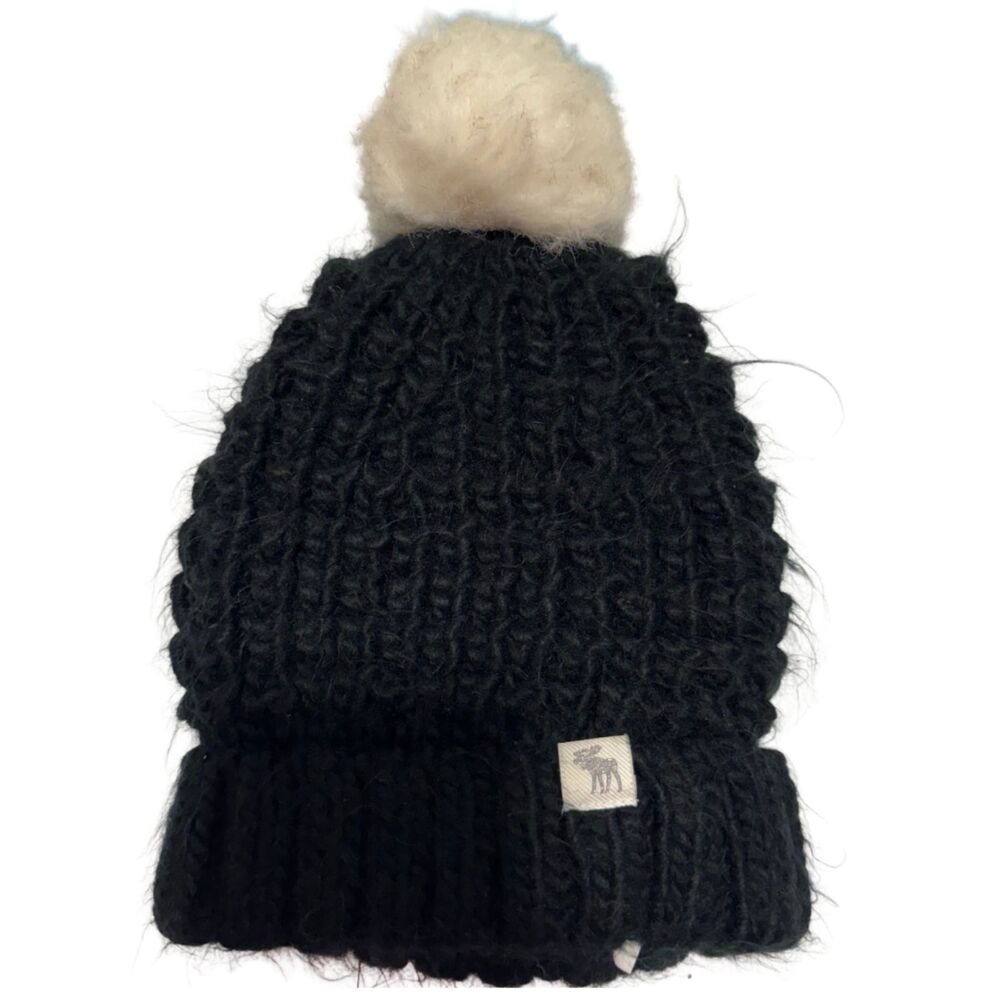 Abercrombie Kids Woven Beanie Winter Hat with Pom - Black White